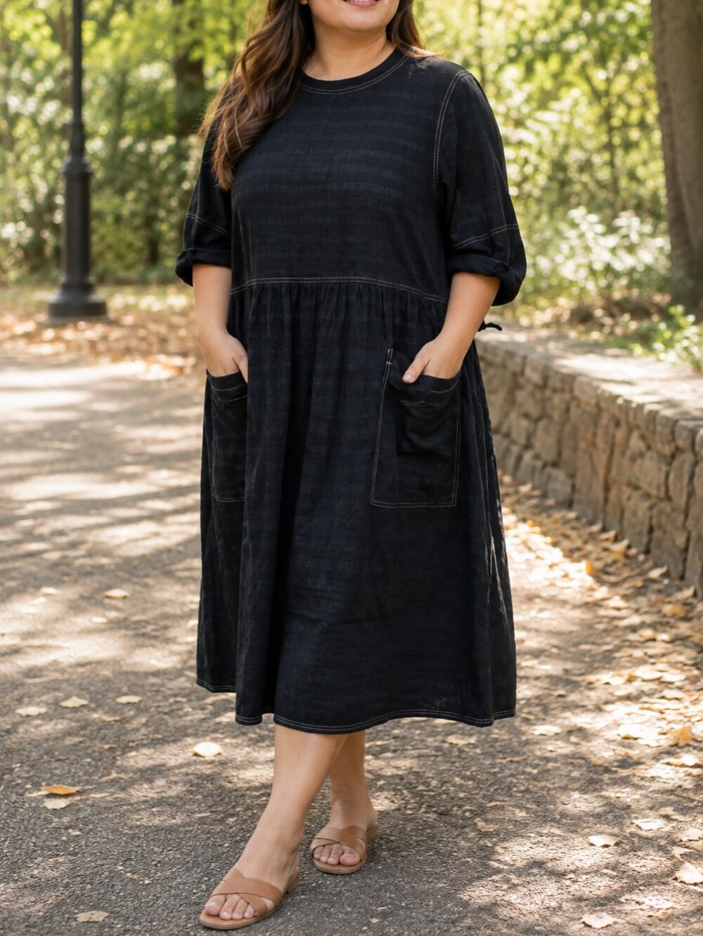 ASOS Plus Size Black Cotton Midi Dress Contrast Stitching Pocket Smock Dress